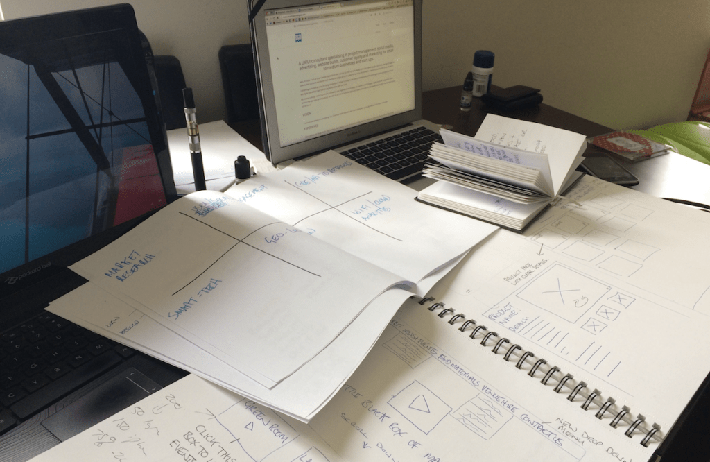 Desk full of papers with UX sketches on them