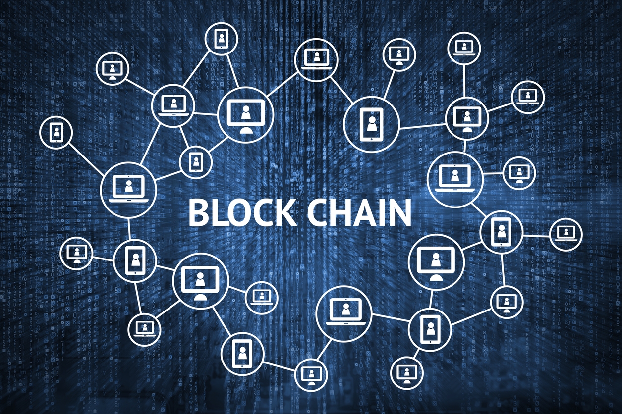 Blockchain with connected computer icons