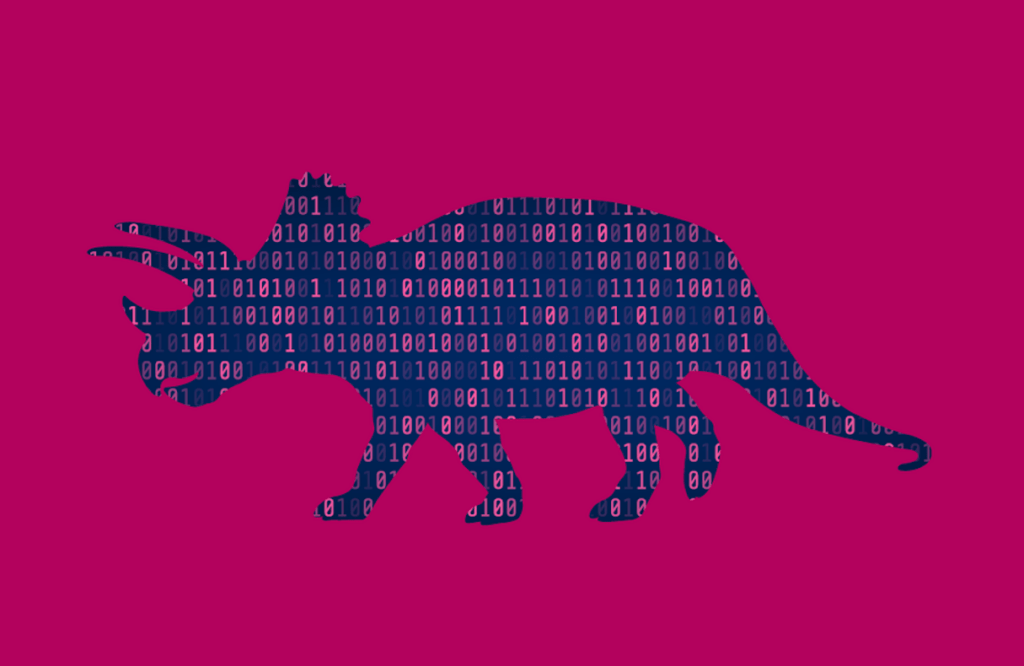 Drawing of triceratops superimposed with binary code