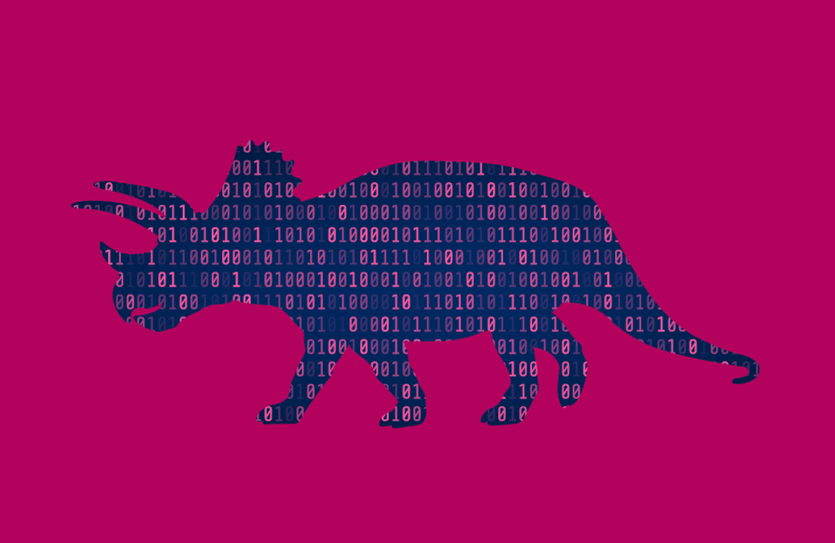 Outline of a triceratops filled in with binary code on a bright pink background