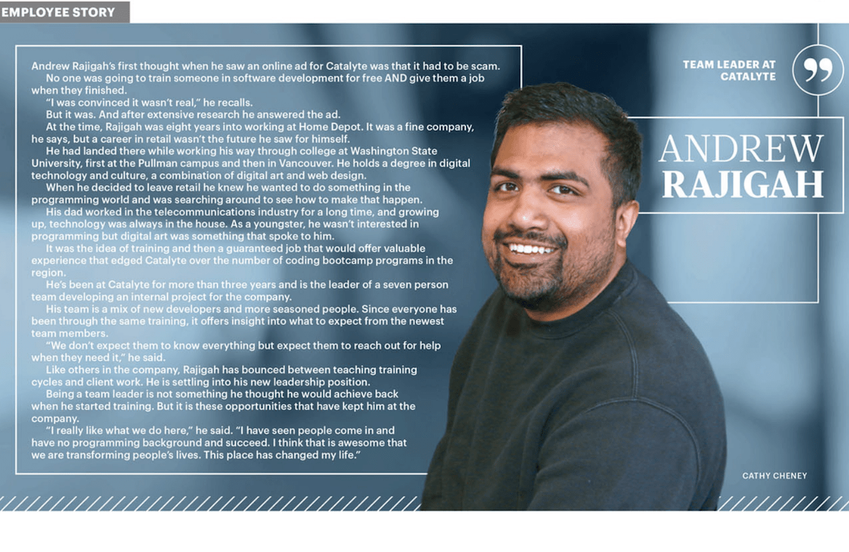 Employee story of Andrew Rajigah as seen in Portland Business Journal