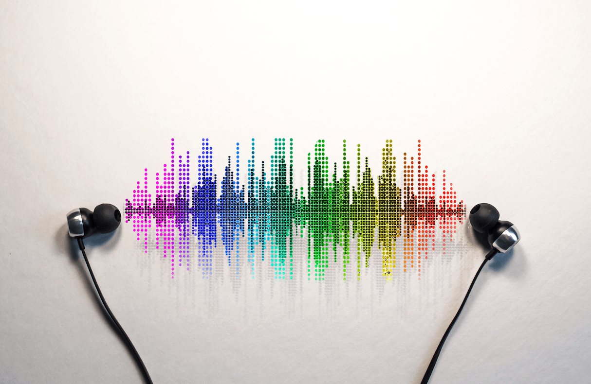 Earbuds with colorful audio spectrum waves between them