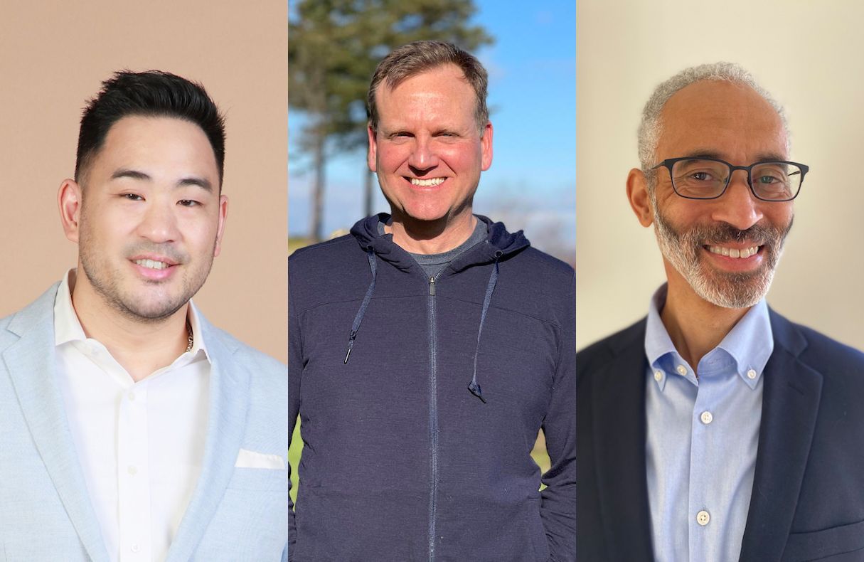 Three new Catalyte executives, all male, pose for individual headshot photos