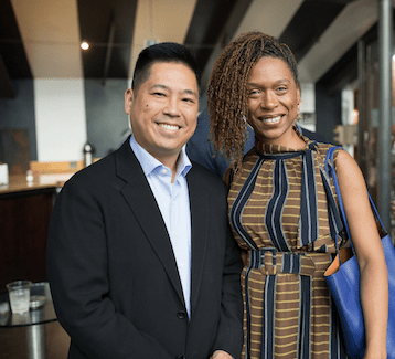 Catalyte CEO Jacob Hsu and BLSYW Principal Chevonne Hall in the lobby of the Charles Theatre before screening of the STEP documentary