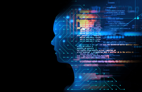 Outline of human face on black background. Face is overlayed with images of circuit boards.