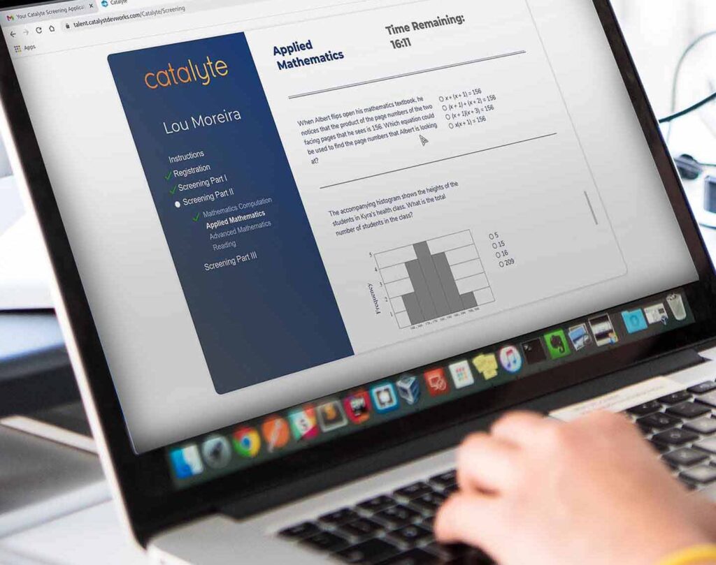 Person on computer taking the Catalyte screening. This is the first step to becoming a software developer.