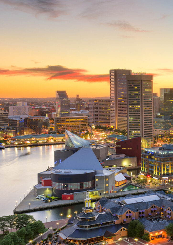 Looking to the west across Baltimore's Inner Harbor at sunset