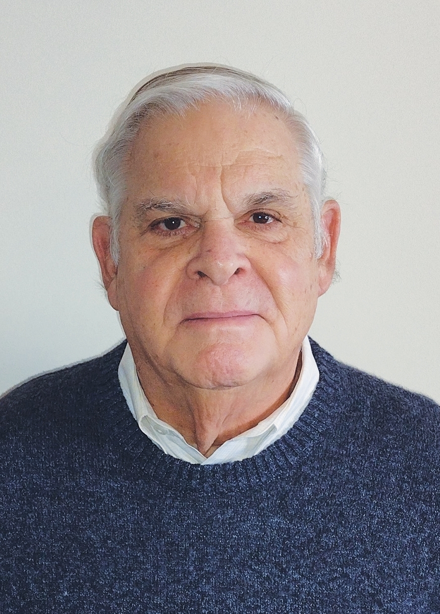 Man with white hair and a blue sweater looks at the camera on a gray background