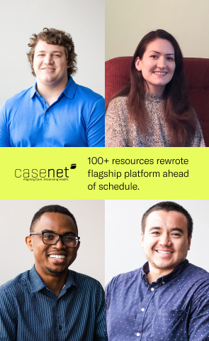 Four portraits of apprentice software developers with yellow box in center that reads: Casenet, 100+ resources rewrote flagship platform ahead of schedule