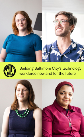 Four portraits of Catalyte apprentices with yellow box in the middle with text that reads: Building Baltimore City's technology workforce and and for the future