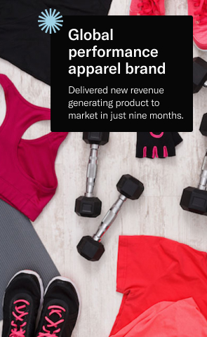 Athletic apparel and weights laid out on a grey floor. Text reads: Global performance apparel brand, delivered new revenue generating product to market in just nine months