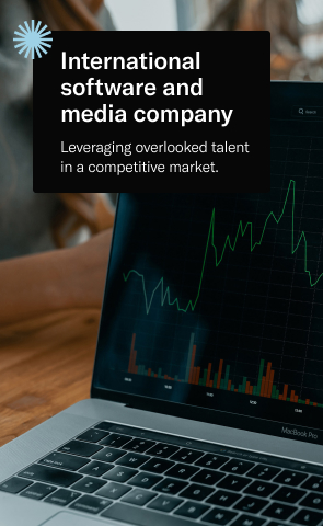 Financial charts on a laptop screen. Text reads: International software and media company, leveraging overlooked talent in a competitive market