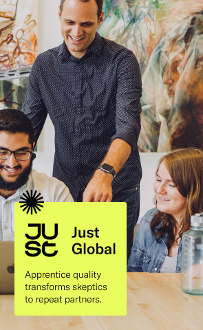Two men, one sitting and one standing, and one women look at a computer screen. Text reads: Just Global, apprentice quality transforms skeptics into repeat partners