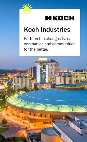 Downtown Wichita, Kansas. Text reads: Koch Industries, partnership changes lives, companies and communities for the better