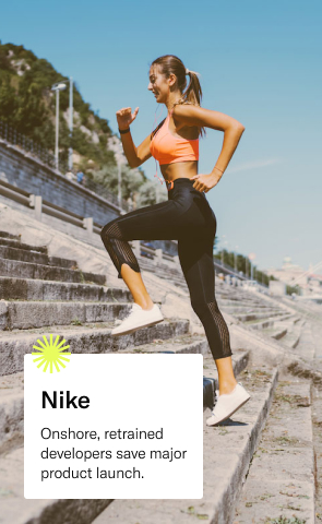 Woman in black workout leggings and a ponytail runs up steps in an outdoor stadium. Text reads: Nike, onshore, retrained developers save major product launch
