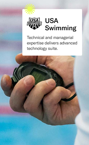 Person holding a stopwatch with text that reads: USA Swimming, technical and managerial expertise delivers advanced technology suite